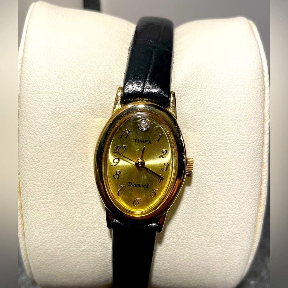 Ladies Black and Gold Timex Diamond Watch With Black Leather Band - New Battery